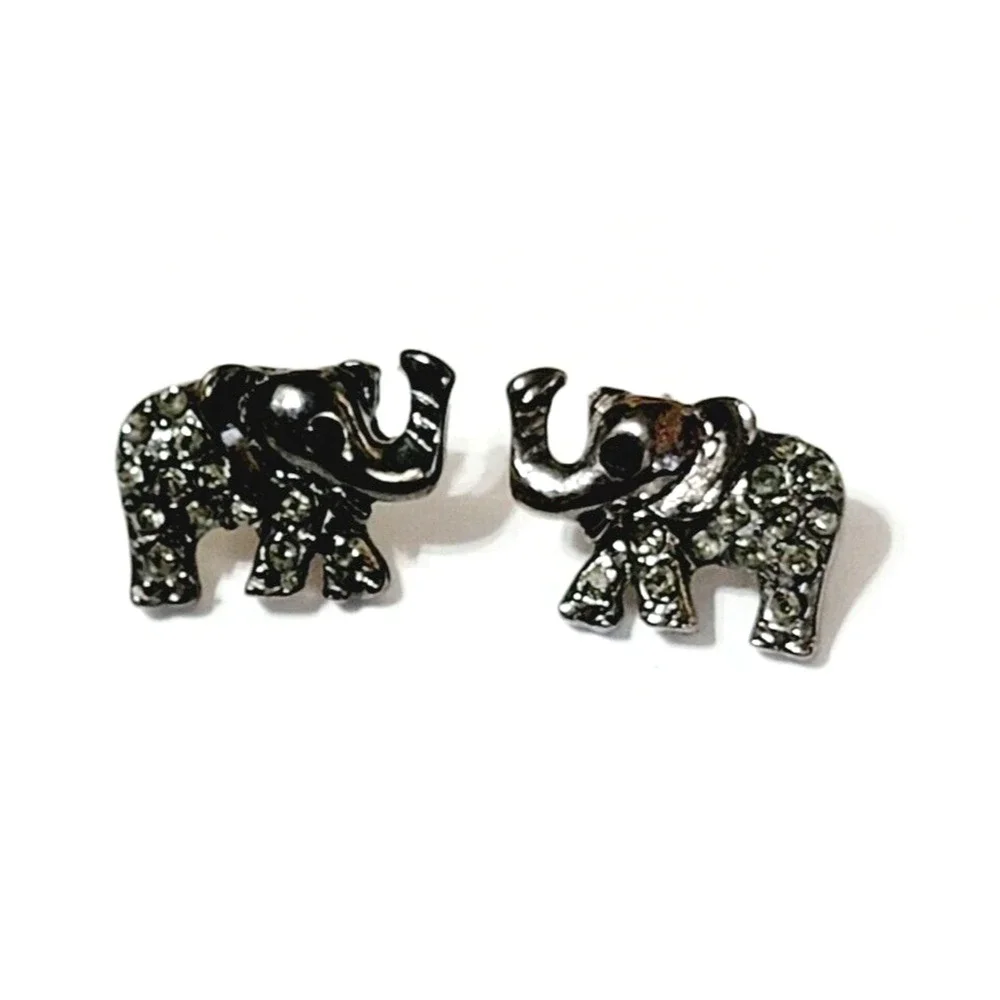 Gunmetal‎ Gray Elephant Pierced Earrings Sparkly Figural Jewelry kp-5